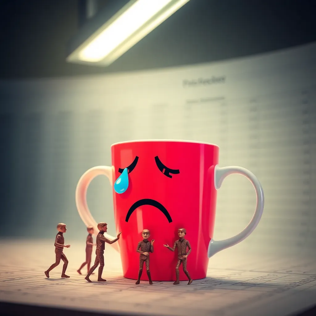 a tearful coffee cup weeping into a spreadsheet, with tiny office workers made of paperclips trying to comfort it, under a flickering fluorescent light
