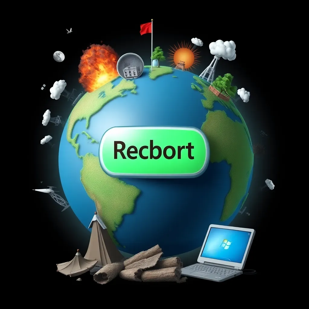 A globe with a 'reboot' button, surrounded by natural disasters and a tech support hotline