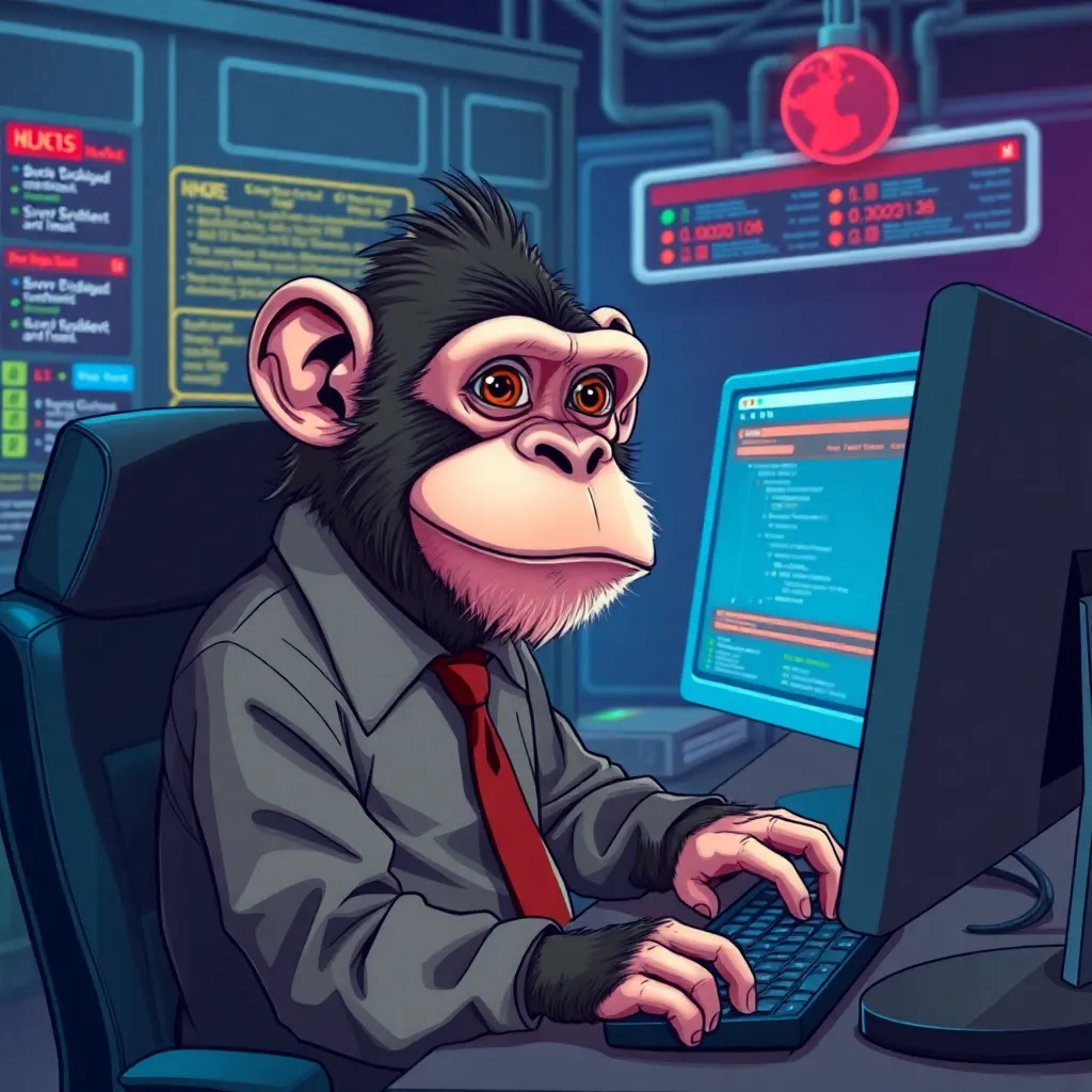 surreal monkey in business-casual programmer attire at a computer workstation, waiting patiently with an expression of cosmic disappointment, browser tabs open, server-status icons red, neon-lit tech environment, whimsical yet realistic, highly detailed
