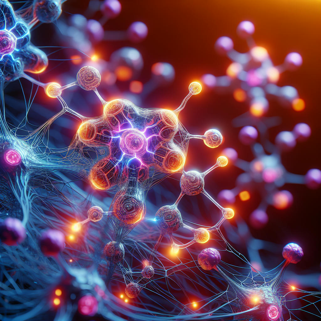 a close-up of a neural network with dopamine molecules, intricate details, vibrant colors, high-tech, futuristic, 8k resolution