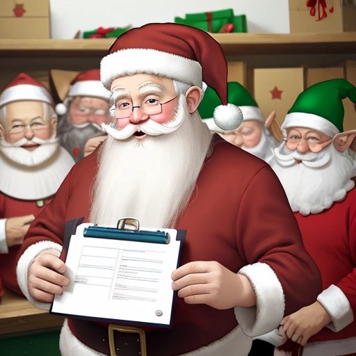 Santa Claus managing the workshop with elves