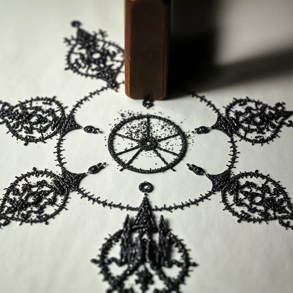 close-up of iron filings on white paper forming intricate magical-looking patterns around a magnet, the shapes resembling arcane sigils and tiny castles, cinematic macro photography, mysterious shadows, scientific equipment mixed with occult ambiance