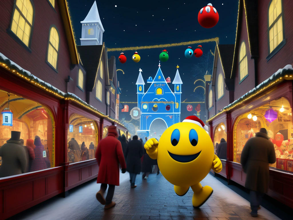 Pac-Man navigating through a festive Victorian Christmas market, chasing a jolly giant ghost