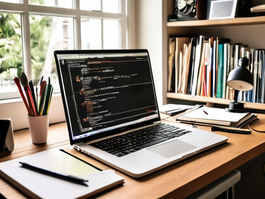 A creative workspace with Racket code on a laptop, various programming books, and a whiteboard with diagrams