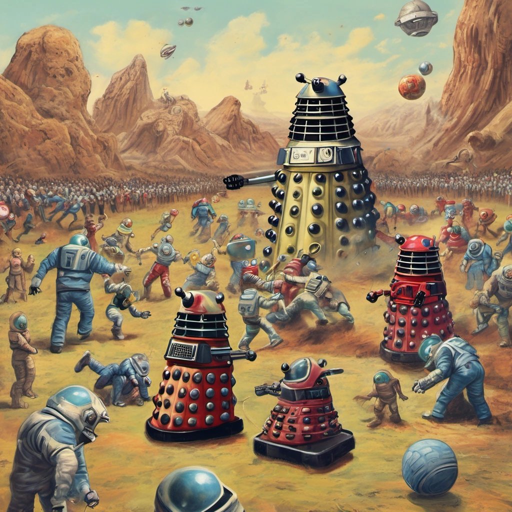 Daleks playing soccer with human astronauts