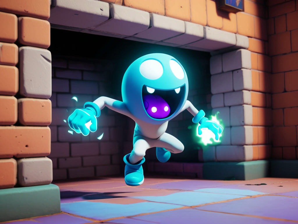 Mac-Pan character using a power-up to phase through walls, with ghosts looking surprised