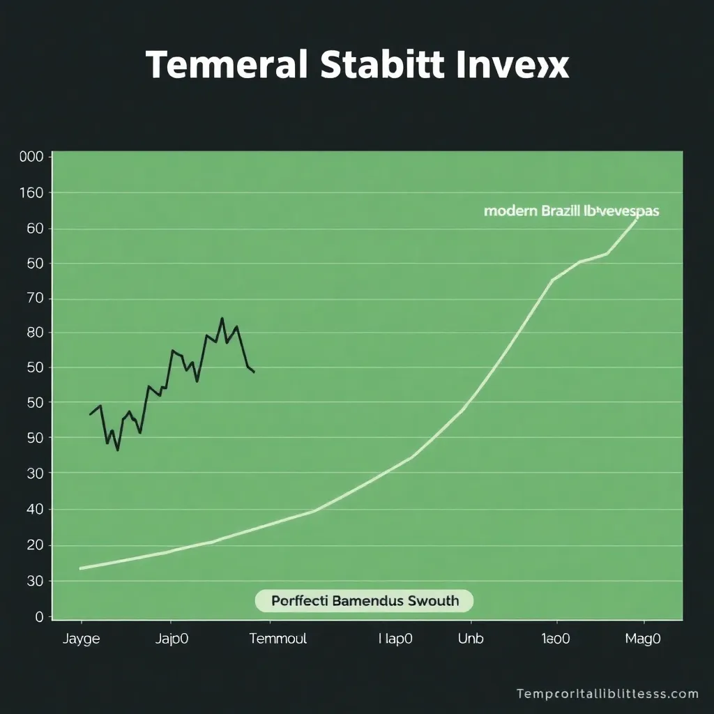 A technical chart showing two lines: one jagged and volatile representing the modern Brazilian Ibovespa index, and one perfectly smooth, upward-sloping line representing Bamerindus Savings growth, labeled 'Temporal Stability Index'.