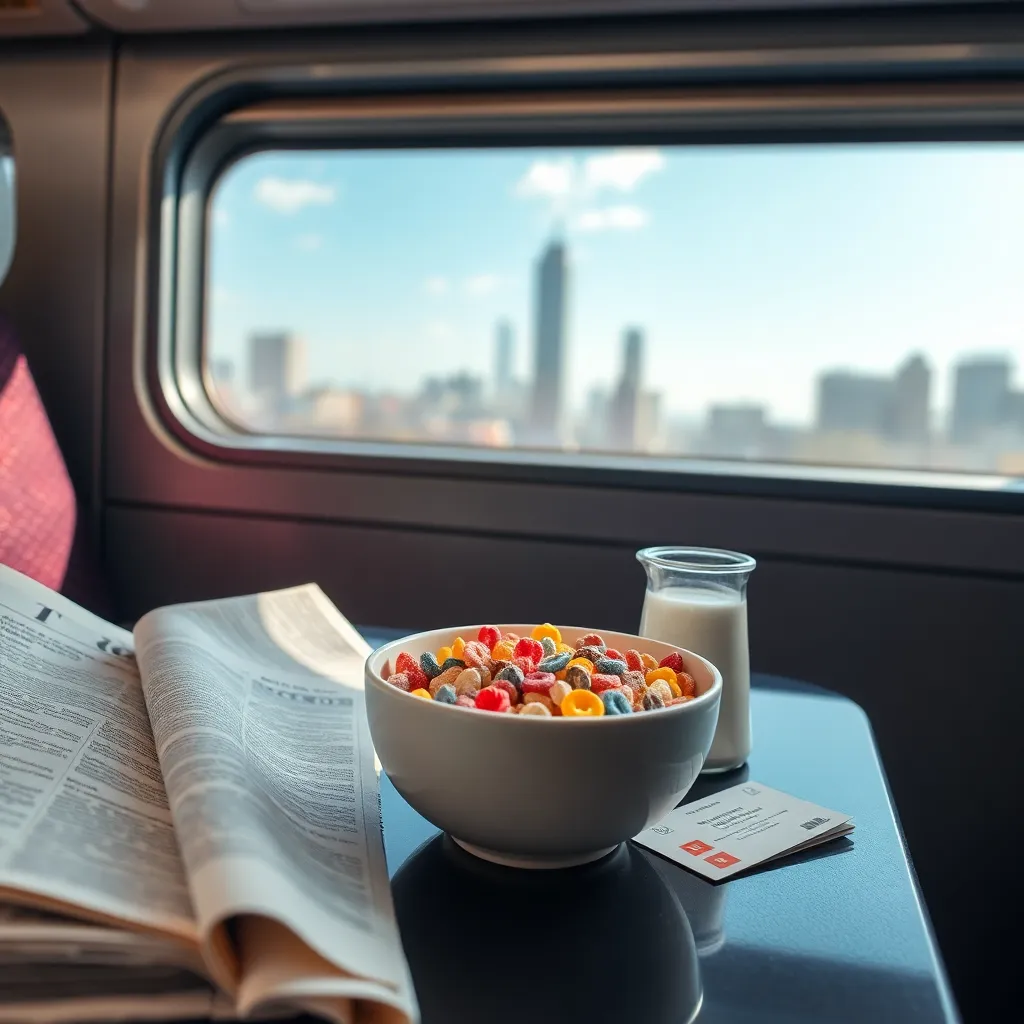 close-up of an absurdly elegant commuter breakfast setup on a public bus seat, ceramic bowl of colorful cereal, tiny milk carafe, folded newspaper, transit card, cityscape visible through the window, humorous luxury aesthetic, realistic lighting