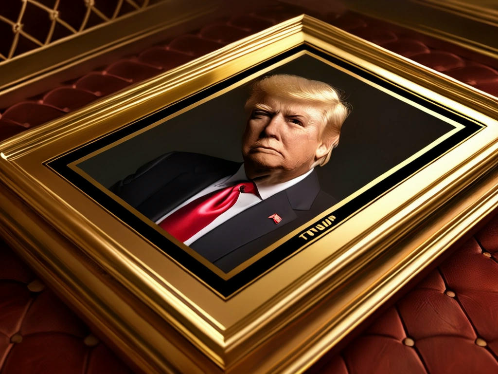 A mockup of a Trump's Toes NFT, featuring a photo of Trump's feet on a luxurious background, with a golden frame and a 'TRUMP' logo, detailed, high-quality, satirical