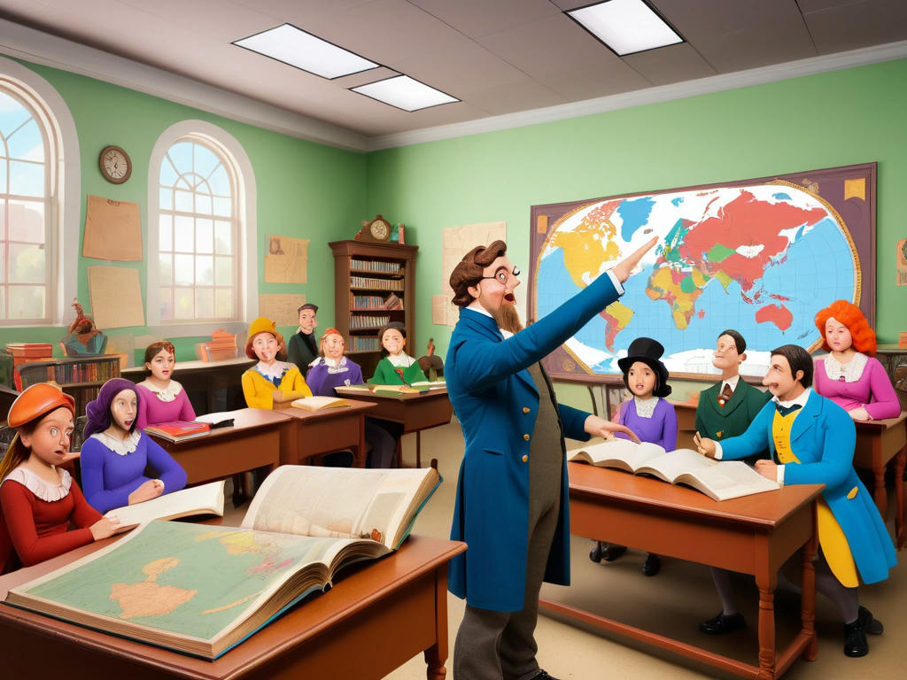 A classroom with historical figures depicted in a whimsical and exaggerated manner, colorful textbooks, and a teacher pointing at a map