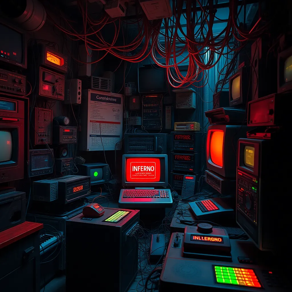 surreal vintage electronics lab with many different devices connected by glowing cables, one ominous terminal labeled inferno, red-orange screen light, futuristic distributed computing mood, detailed and atmospheric