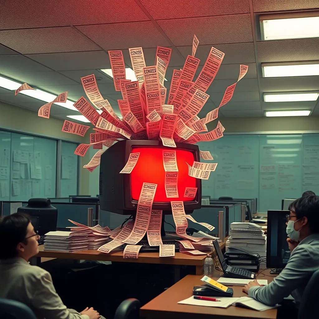 an absurd glowing office computer possessed by corporate branding energy, spewing endless paper strips covered in bizarre euphemisms while exhausted office staff cower nearby, surreal fluorescent lighting, comedic dystopian realism