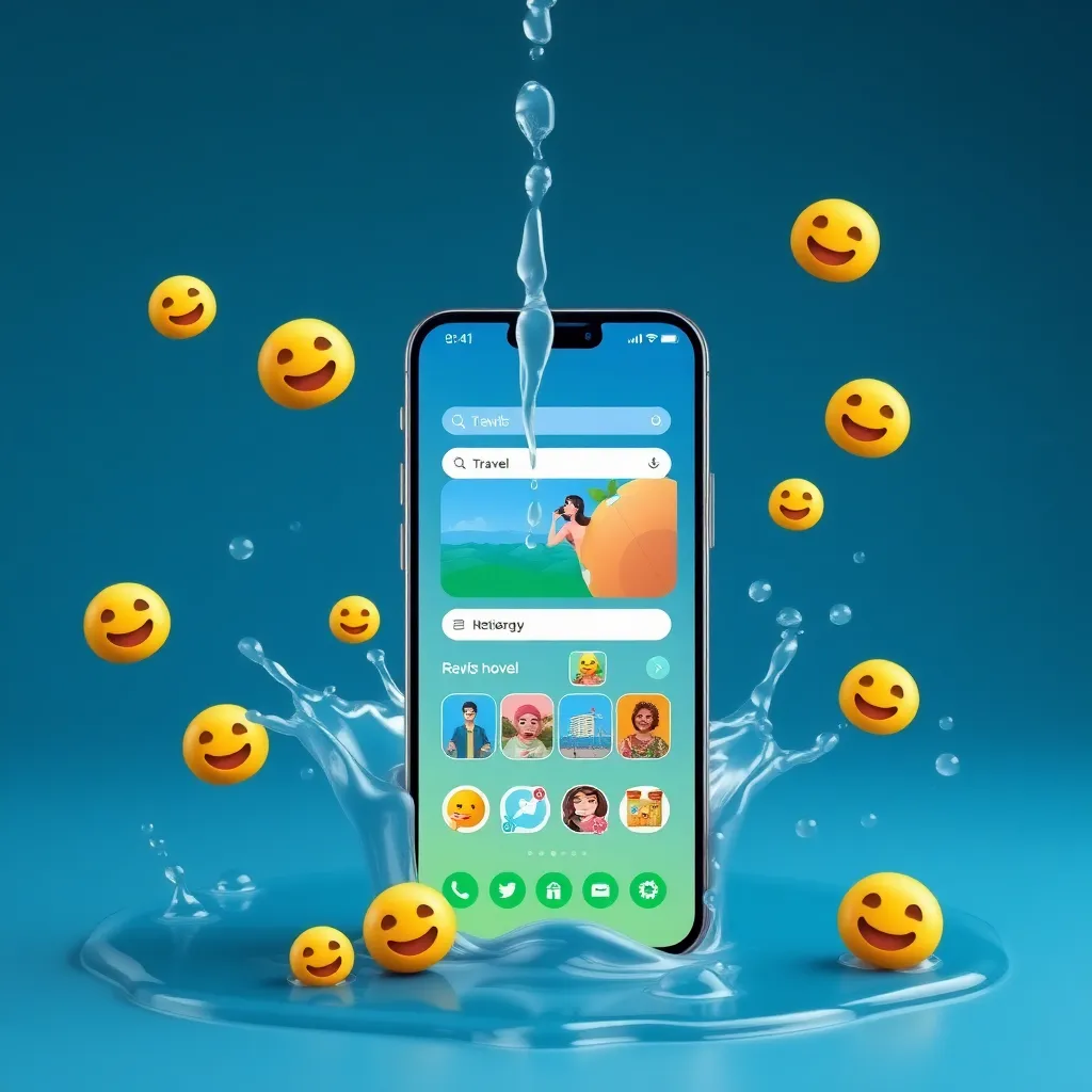 A smartphone with liquid glass screen dripping, surrounded by eco-emojis and a virtual travel agency interface