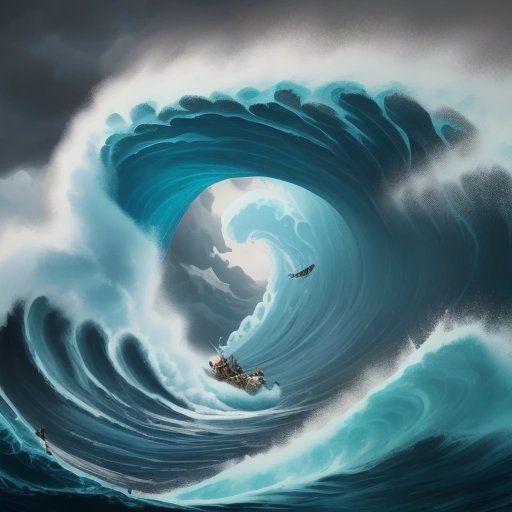 Nimble pirates riding a wave during a storm