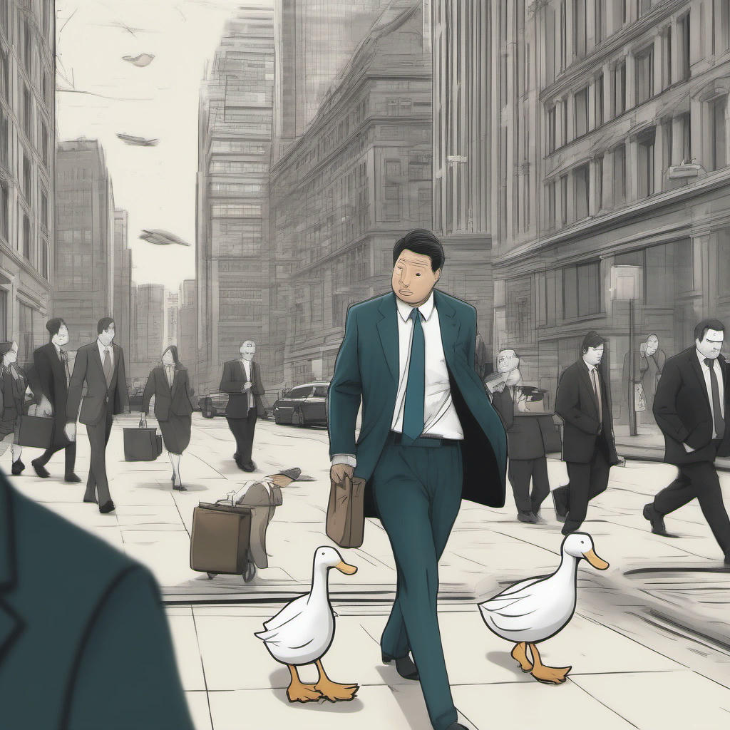 A person transformed into a duck walking down a city street.