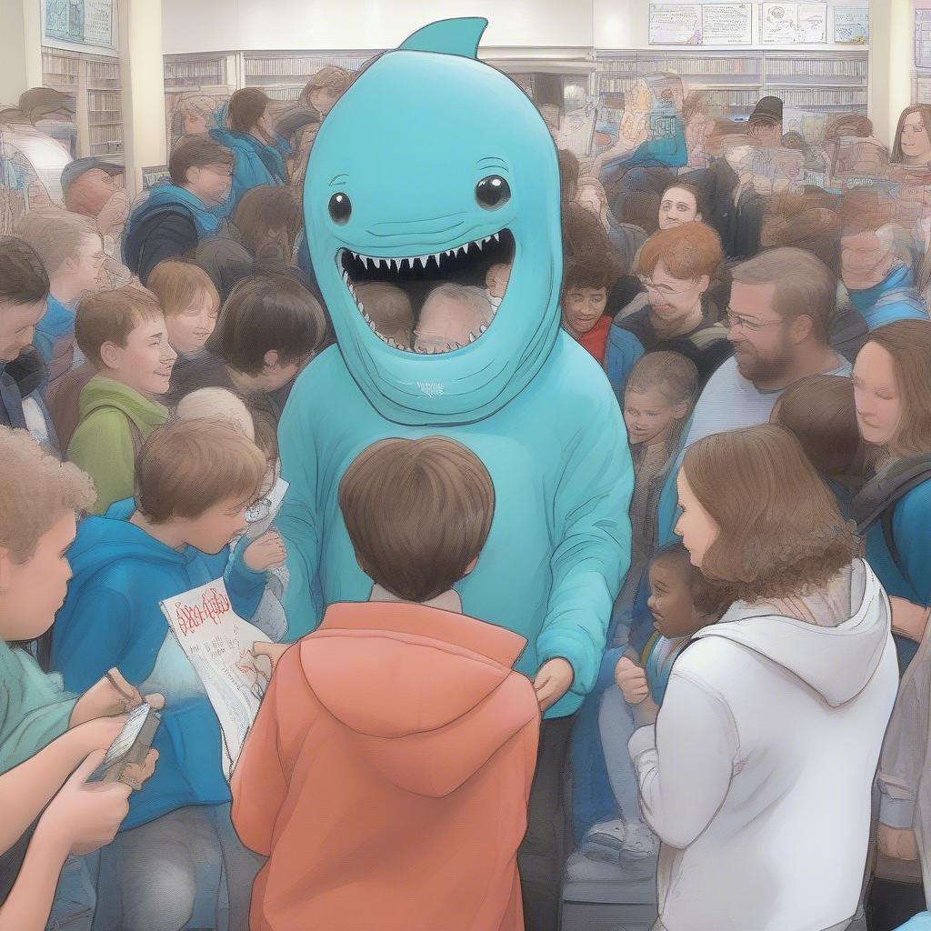 A chaotic book signing event where a boy in a whale-shaped hoodie signs books for fans dressed as krill, jellyfish, and one person in a full scuba suit holding a 'KEVIN DESERVED BETTER' poster