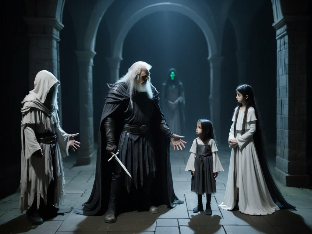 three ghostly figures in a dark labyrinth, one fierce warrior, one older man, and one young girl, discussing their fate