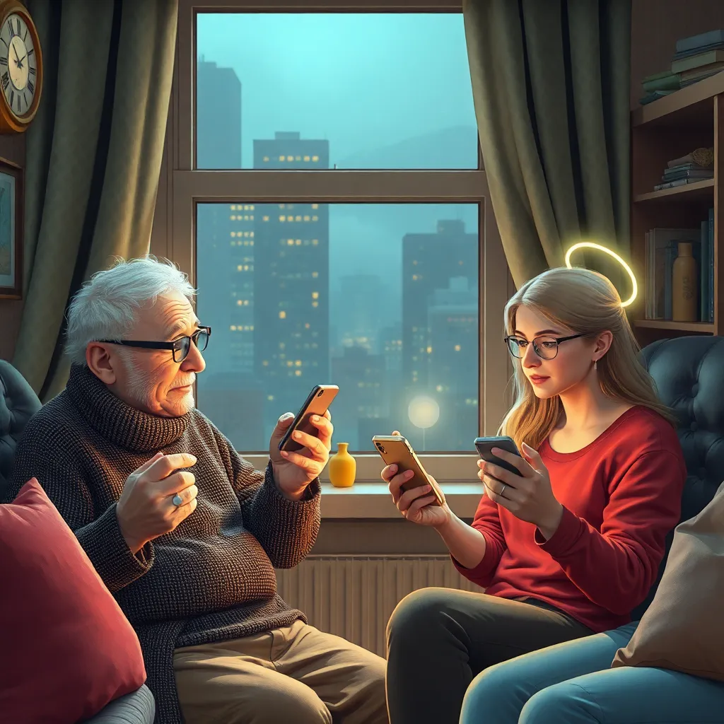 elderly futuristic citizens nostalgically holding antique smartphones near a window for signal, while younger people casually exchange glowing thoughts through neural halos, cozy apartment in year 12500, humorous generational contrast, warm detailed scene