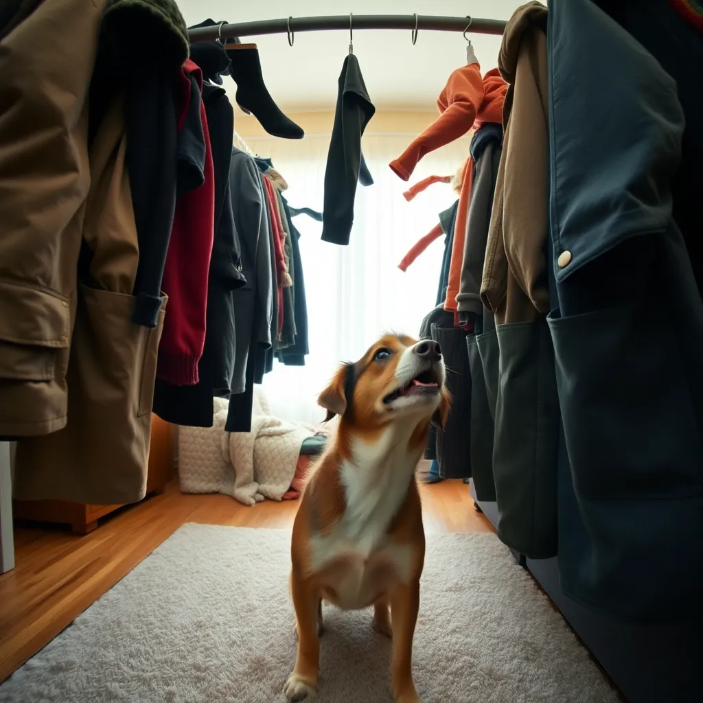 A wide-angle shot of a living room where a dog is systematically sticking its snout into every pocket of a row of coats hanging on a rack, chaotic energy, clothes flying