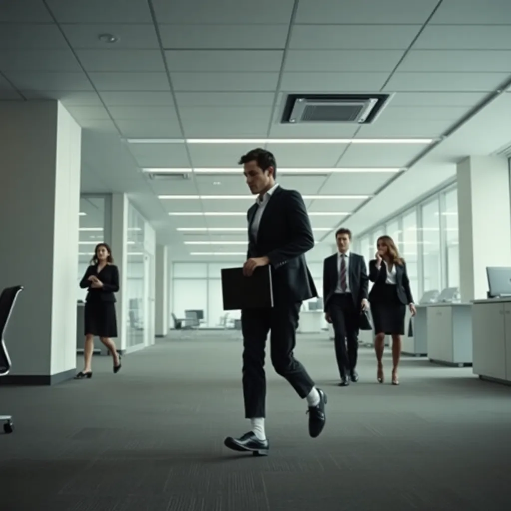 eerily quiet open-plan office after a technological disaster, employees tiptoeing, one person in socks carrying a laptop, others whispering nervously, sleek corporate interior with tension and absurd caution, detailed realistic scene