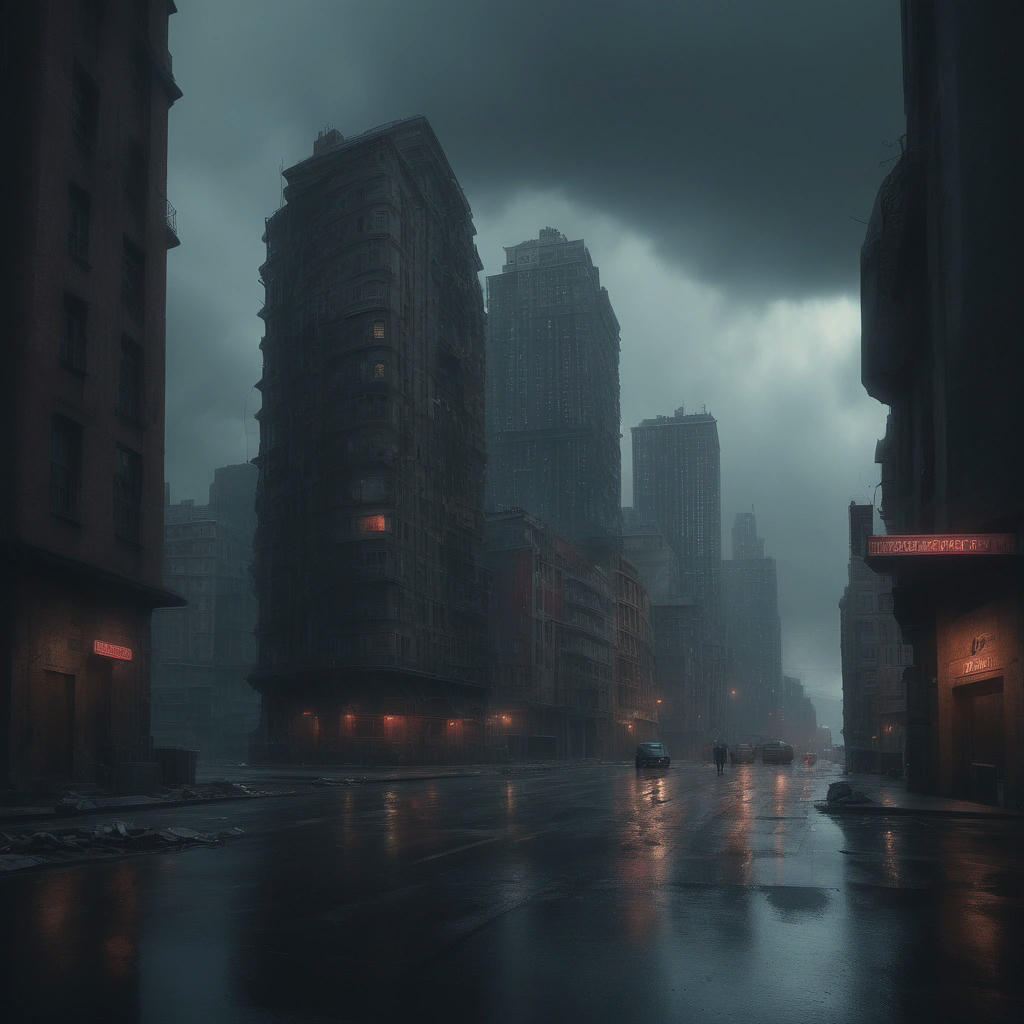 A cityscape with buildings and streets twisted and distorted, as if reality itself was being warped by Stalin's magic, people running in fear, dark clouds gathering, 4k, cinematic, dramatic lighting, concept art by Simon Stalenhag