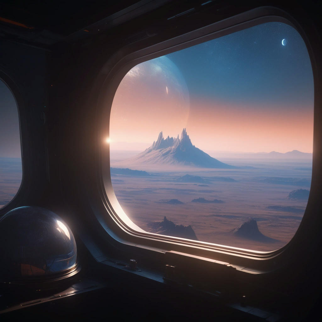 A person looking out of a spaceship window, seeing a distant Earth, with a sense of hope and longing, cinematic lighting, highly detailed, 4k, concept art by Ryan Church and Syd Mead