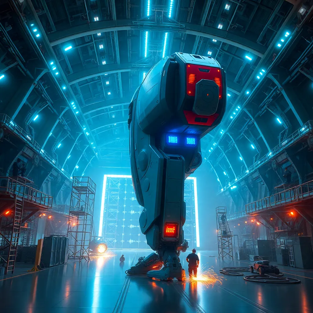 A futuristic military hangar filled with glowing blue lights, where a massive robotic leg is being serviced by hundreds of tiny technicians on scaffolding, sparks flying, epic scale, sci-fi aesthetic