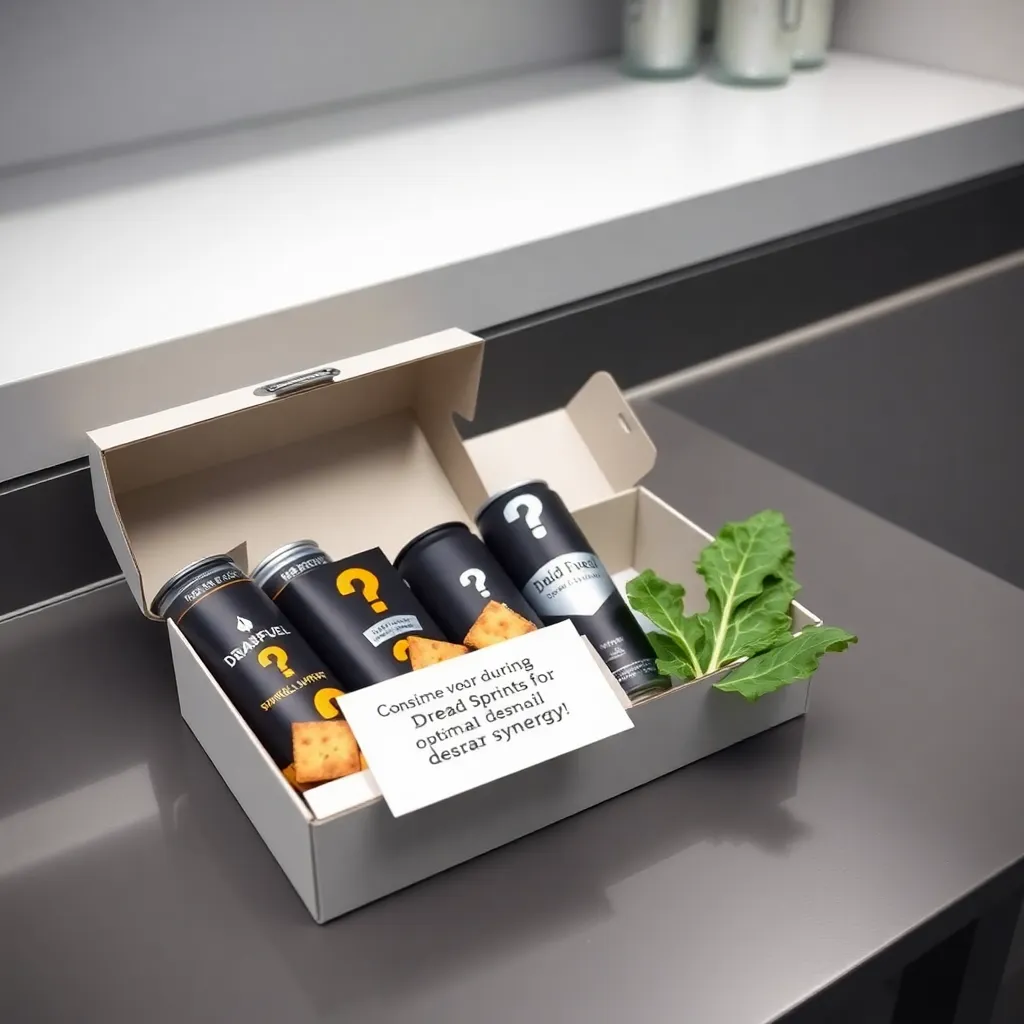 A sleek, minimalist office kitchenette. An artisanal snack box labeled 'DreadFuel™' sits open, containing tiny crackers shaped like question marks, 'Void-Flavored' sparkling water in matte black cans, and a single, perfectly wilted arugula leaf labeled 'Your Hopes & Dreams'. A sticky note reads: 'Consume during scheduled Dread Sprints for optimal despair synergy!'