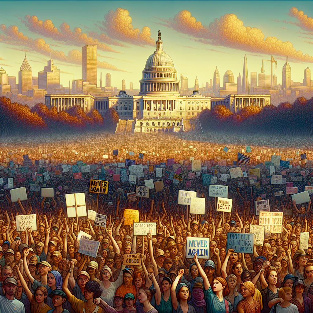 A crowded protest scene, with people holding signs that read 'Never Again' and 'Resist,' set against a backdrop of a cityscape with a faint image of the US Capitol building, warm colors, high-quality, detailed, 4k, cinematic, art by Loish