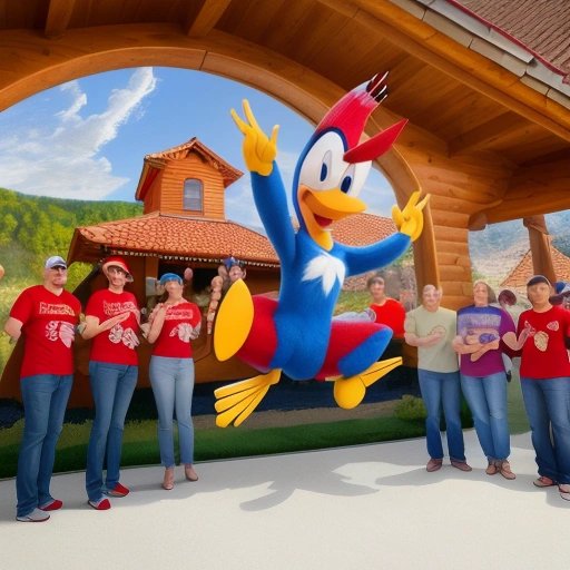 Woody Woodpecker surrounded by happy fans