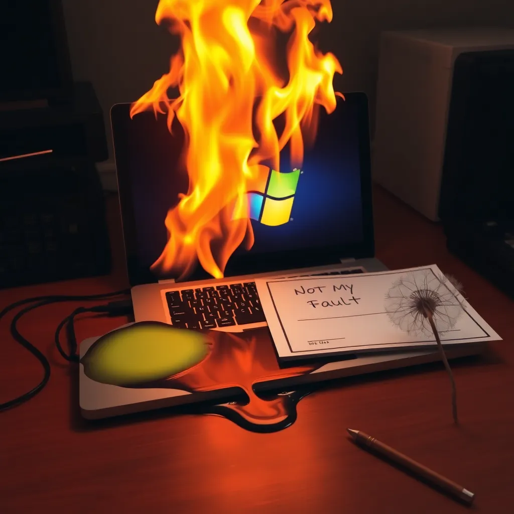 A smoking laptop with Windows logo melting into a puddle on a desk, next to a handwritten 'Not My Fault' certificate and a single wilted dandelion