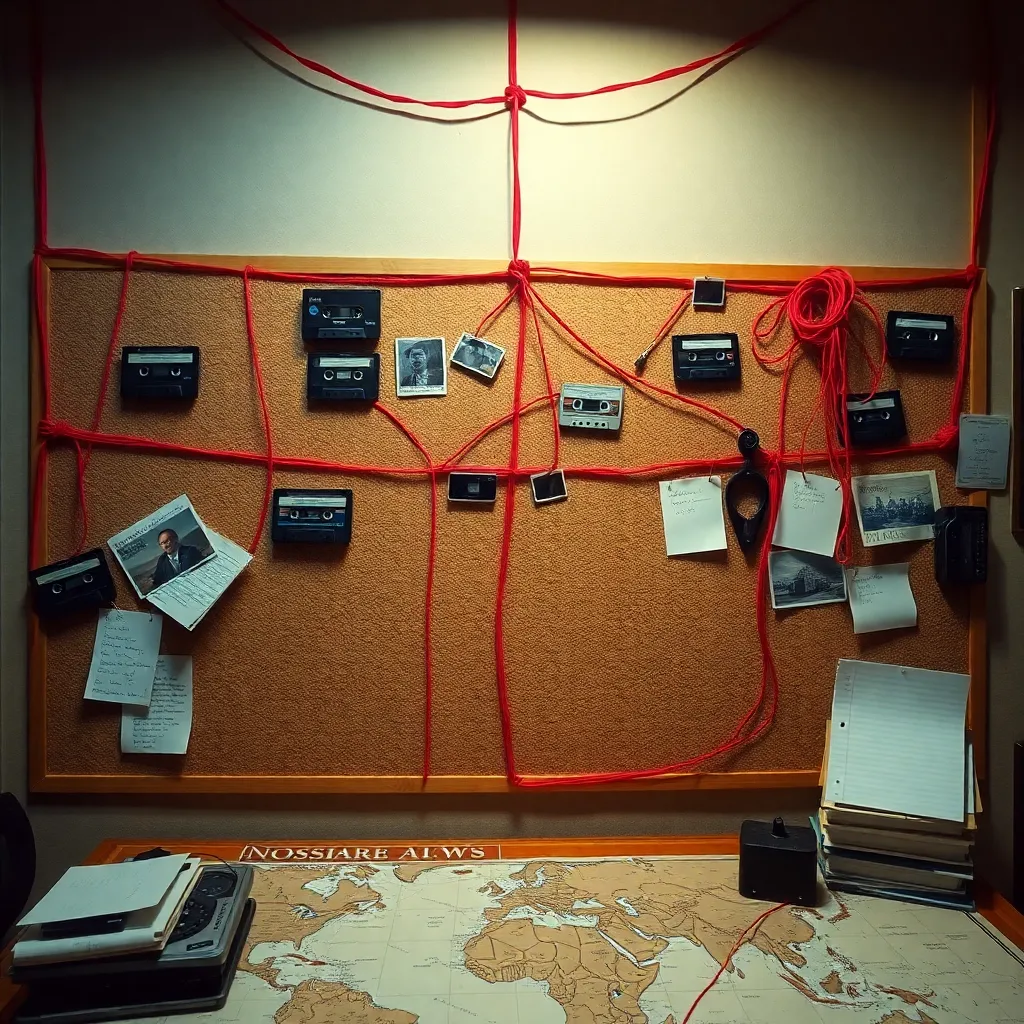 surreal corkboard conspiracy wall covered with red string, cassette tapes, blurry photographs, handwritten notes, a map with impossible routes crossing oceans and deserts, dramatic newsroom lighting, absurd investigative energy