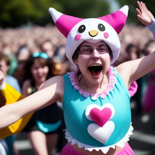 Person in a Polkamon costume dancing in a crowd