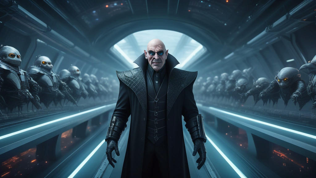 a comically evil villain in a futuristic spaceship bridge, commanding his minions, humorous and exaggerated, cinematic lighting, highly detailed, concept art