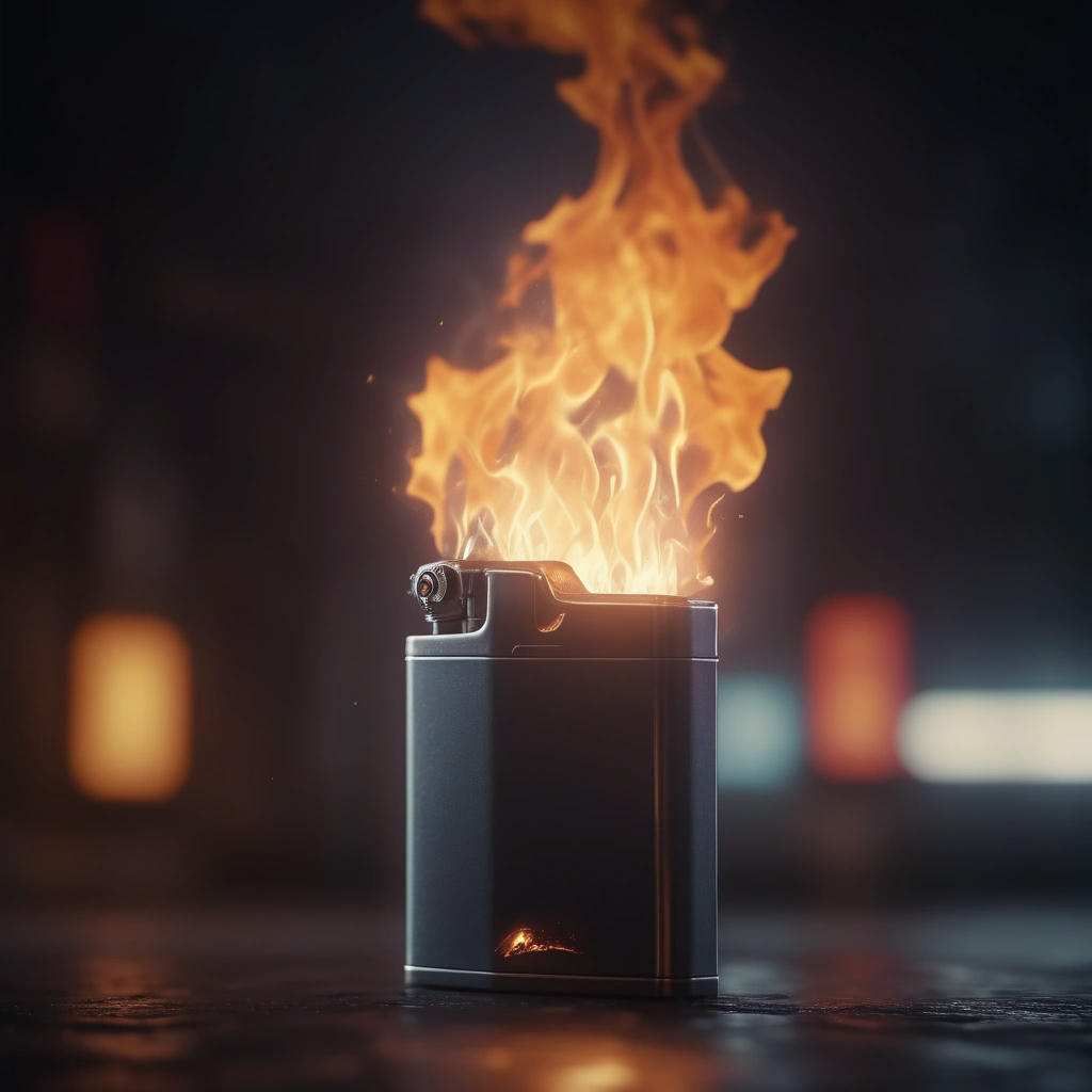 A close-up of a lighter, flames dancing on the tip, with a blurred background of a city street at night, high contrast, 4k, hyper-realistic, cinematic lighting, trending on artstation