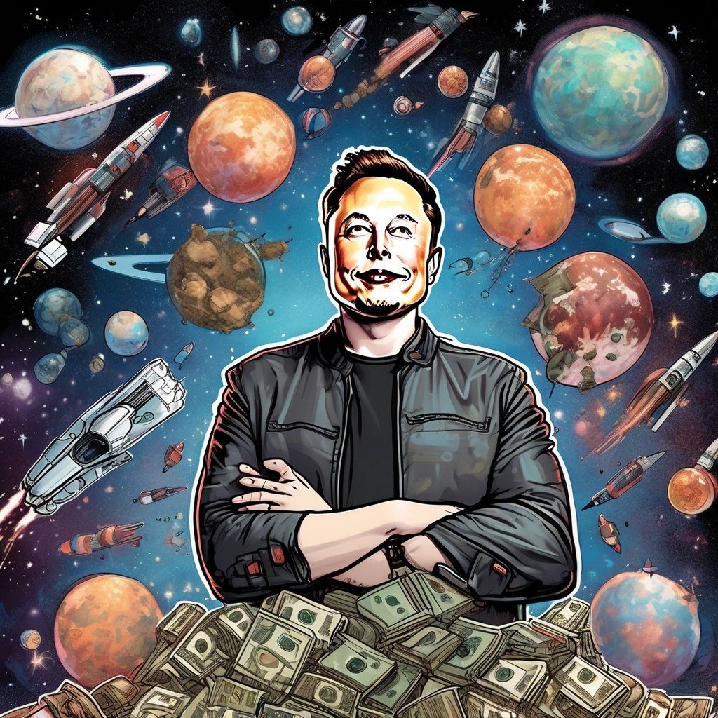 Elon Musk surrounded by dollar signs and space rockets