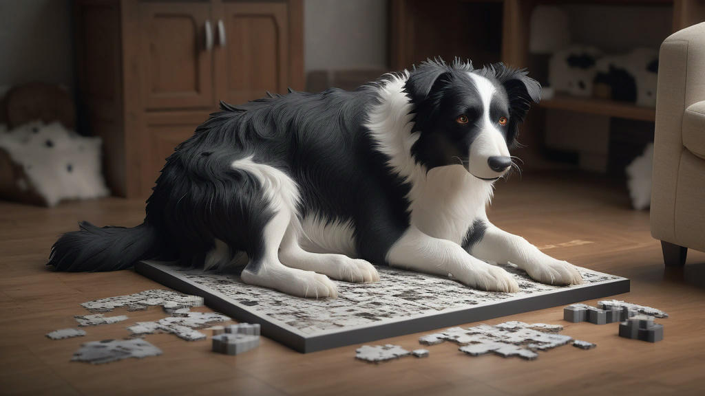 a Border Collie solving a puzzle, high detail, photorealistic, intelligent expression, intricate details, realistic lighting, best quality