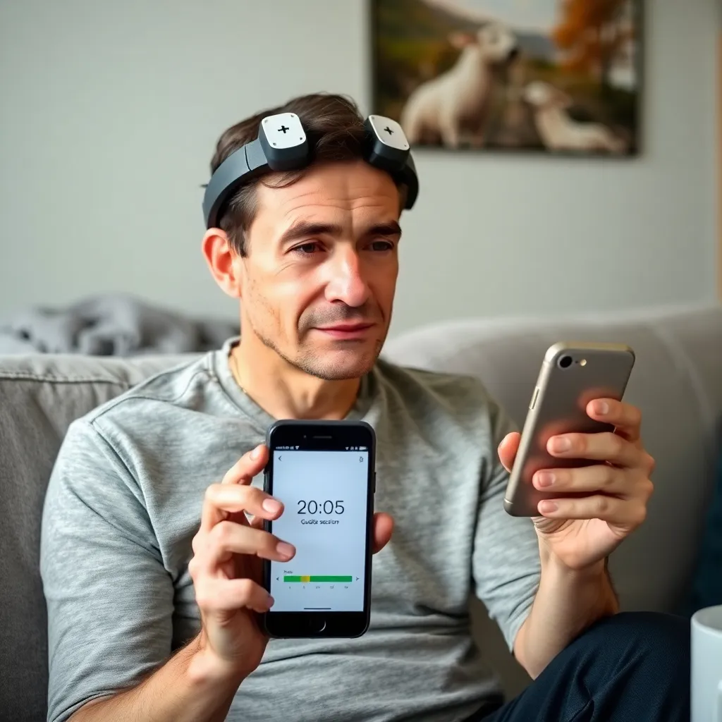 “At-home session”: person wearing a brain-stimulation headband guided by an app