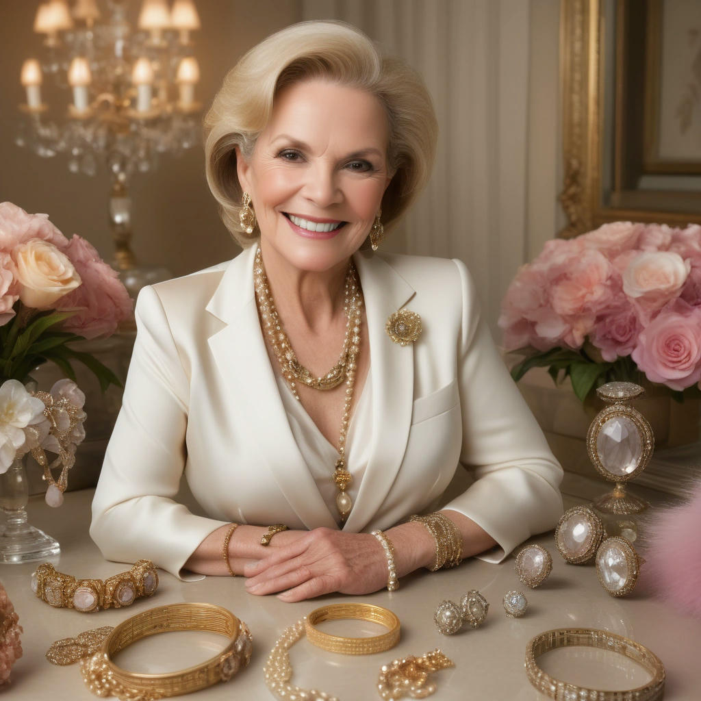 A glamorous senior woman posing seductively, surrounded by luxury items