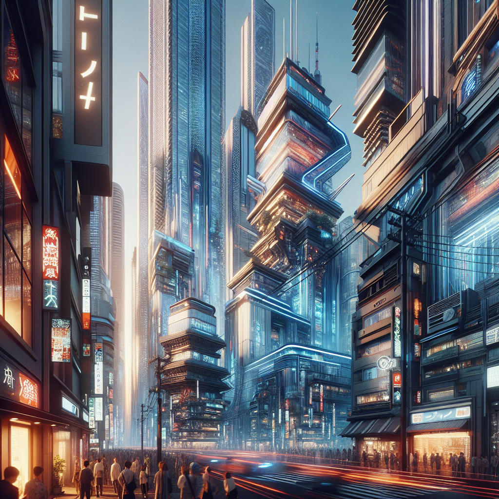 modern Tokyo cityscape, futuristic architecture, bustling streets, high detail, photorealistic, cinematic