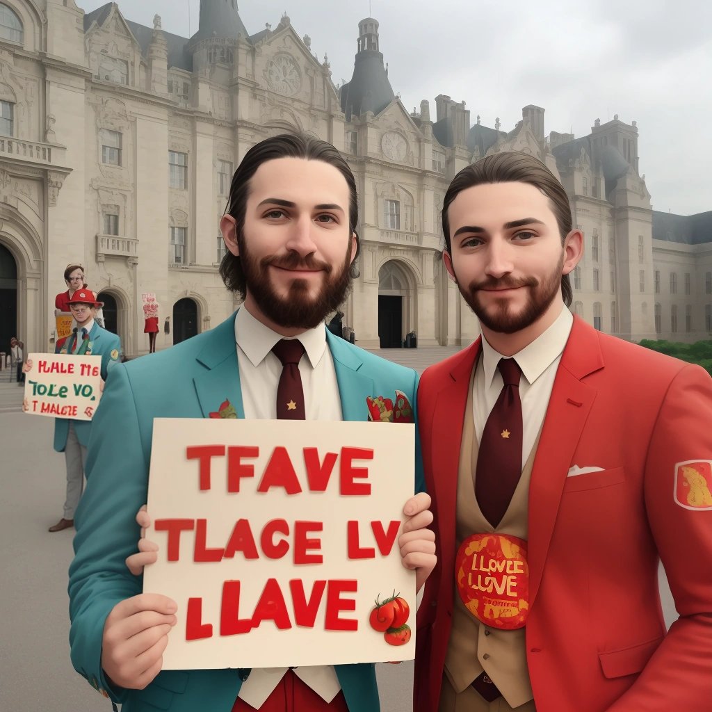 Vinny and Carl camping in tomato suits