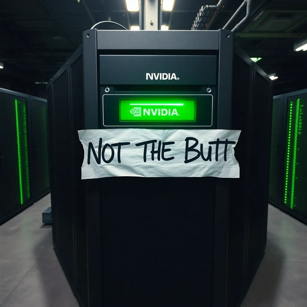 A giant NVIDIA server rack in a dark data center, but the glowing green LED display on the front has been crudely covered with a piece of duct tape that has 'NOT THE BUTT' written on it in black marker.