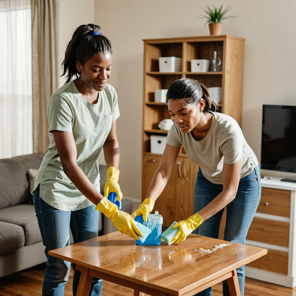 A person cleaning and disinfecting a piece of furniture