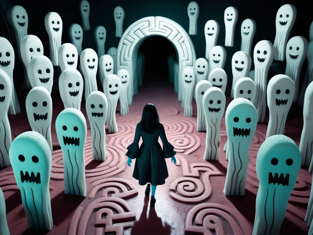 a person confidently walking through a haunted maze, surrounded by ghostly figures that now appear as delicious treats