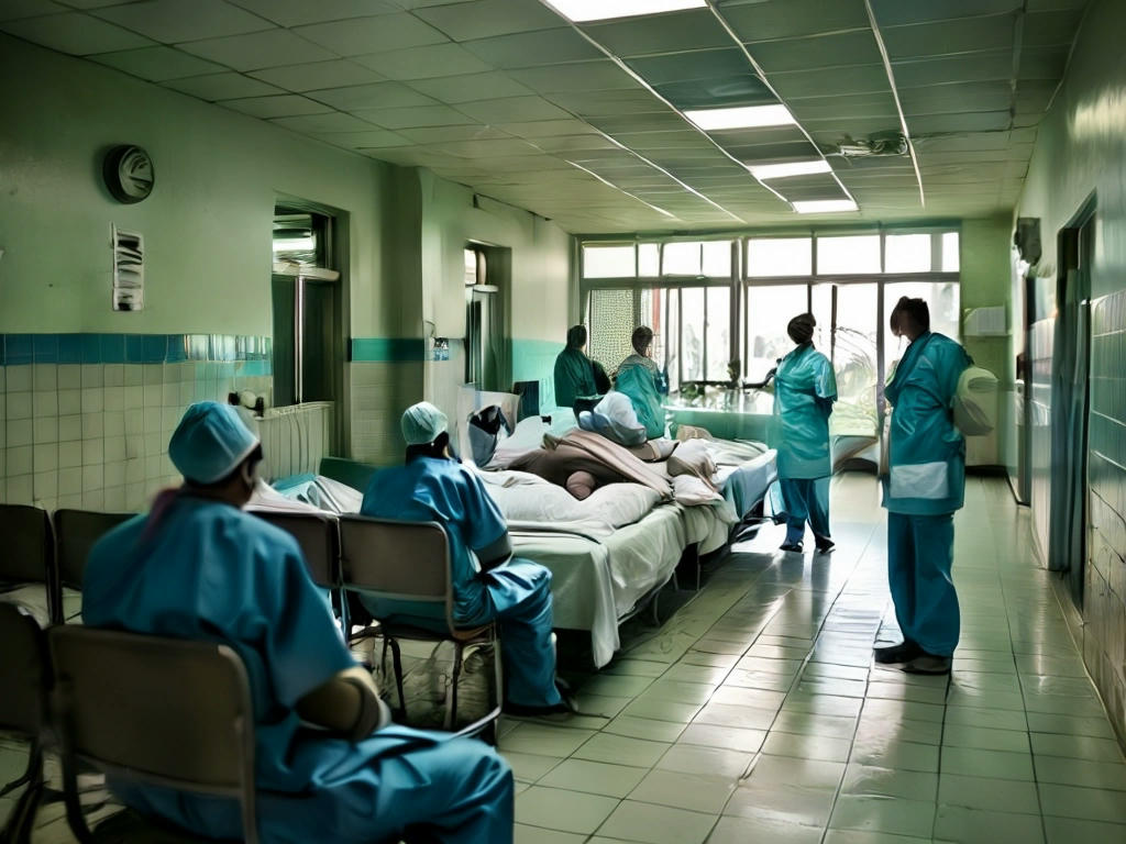 Cena de um hospital com seguranças e jornalistas do lado de fora, clima de tensão e expectativa