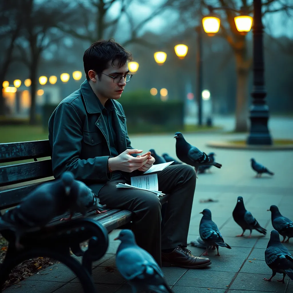 A sad programmer sitting on a park bench feeding pigeons with punch cards, 1990s aesthetic, cinematic lighting, melancholy atmosphere.