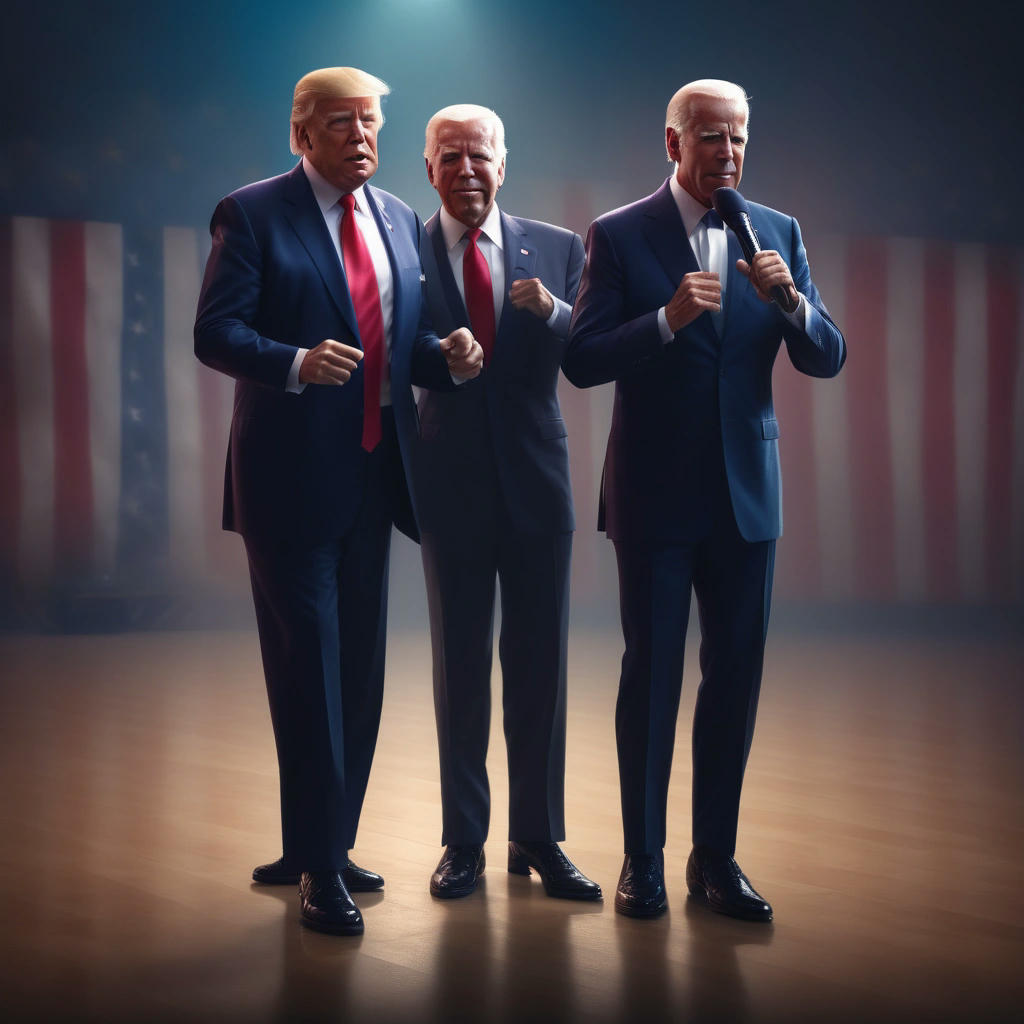 A split-screen image of Donald Trump and Joe Biden, both in their dance outfits, Trump holding a microphone and Biden holding a pair of dance shoes, both looking confident and determined, bold colors and dramatic lighting, 4k, hyper-realistic, cinematic