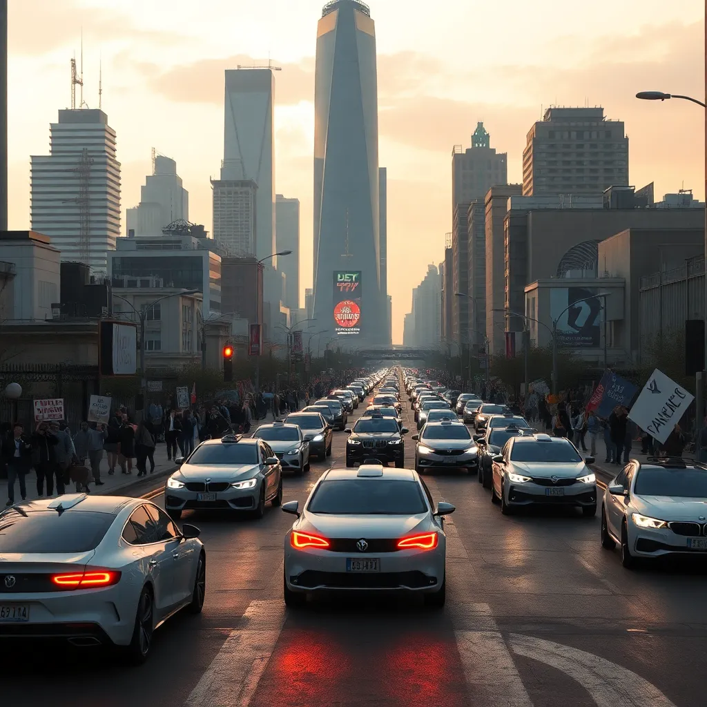 A futuristic cityscape with self-driving cars, people protesting with signs, and a sense of tension in the air
