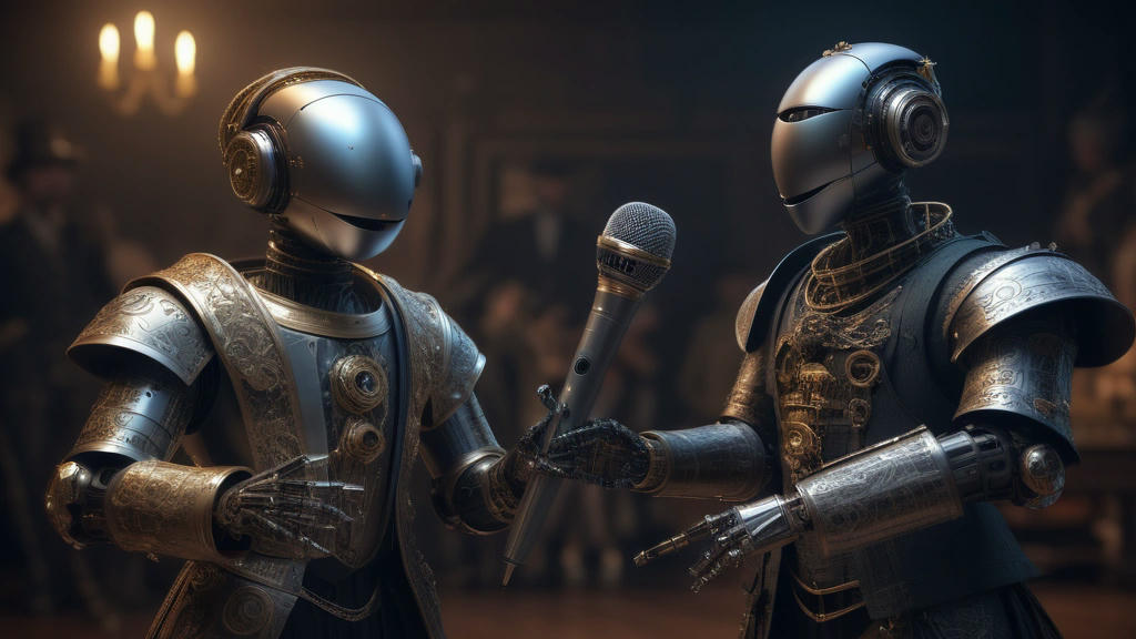 a lively rap battle scene with two AI robots dressed in Shakespearean attire, one holding a quill and the other a microphone, vibrant and dynamic, hyper-realistic, intricate details, photorealism, dramatic lighting, concept art