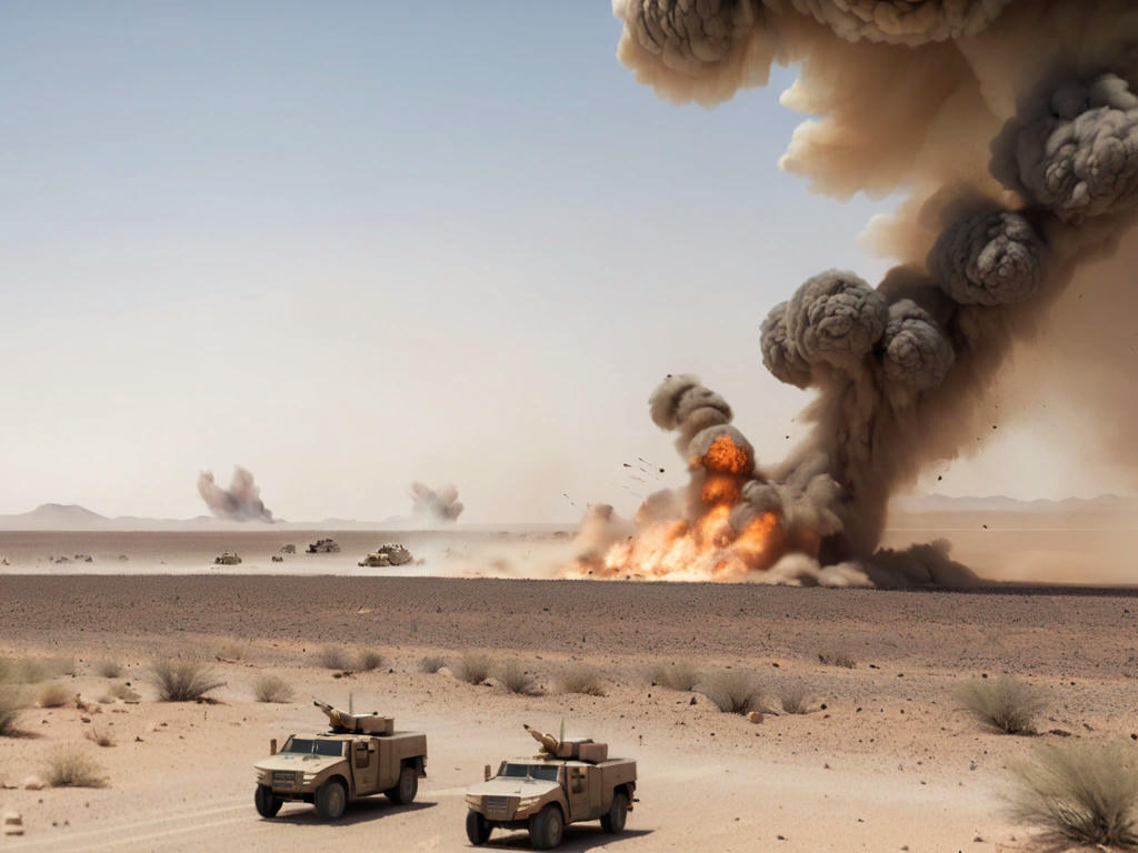 explosion in a desert area, with smoke and debris rising, military vehicles in the distance